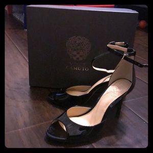 Vince Camuto black patent leather sandal heels
